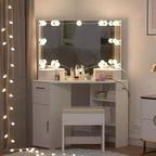 Coiffeuse d'angle, Petite coiffeuse avec tabouret rembourré, Éclairage réglable, Coiffeuse moderne en bois, Convient pour la chambre