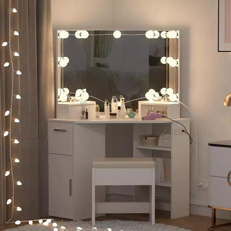 Coiffeuse d'angle, Petite coiffeuse avec tabouret rembourré, Éclairage réglable, Coiffeuse moderne en bois, Convient pour la chambre