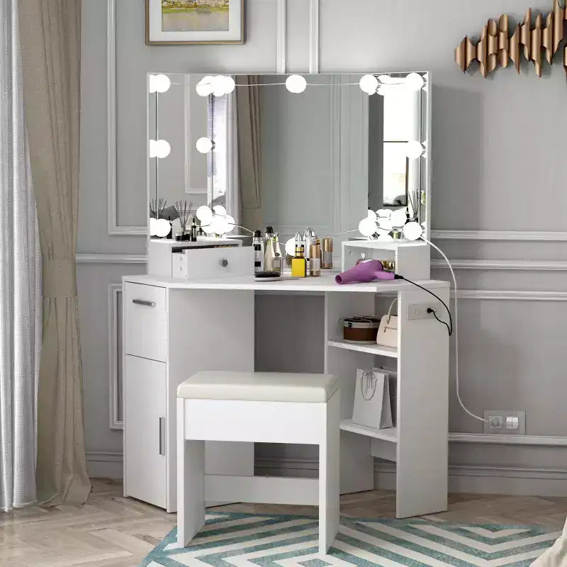 Coiffeuse d'angle, Petite coiffeuse avec tabouret rembourré, Éclairage réglable, Coiffeuse moderne en bois, Convient pour la chambre