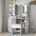 Coiffeuse d'angle, Petite coiffeuse avec tabouret rembourré, Éclairage réglable, Coiffeuse moderne en bois, Convient pour la chambre