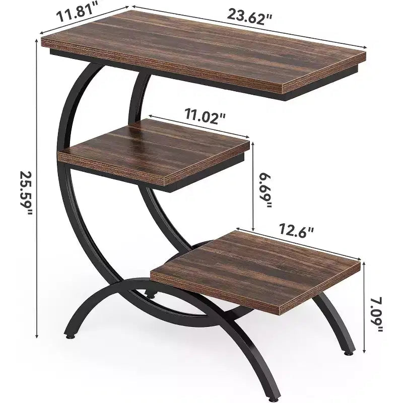 Table d'appoint, table étroite avec 3 étagères de rangement, petite table d'appoint de canapé industrielle en forme de C pour le salon, marron rustique