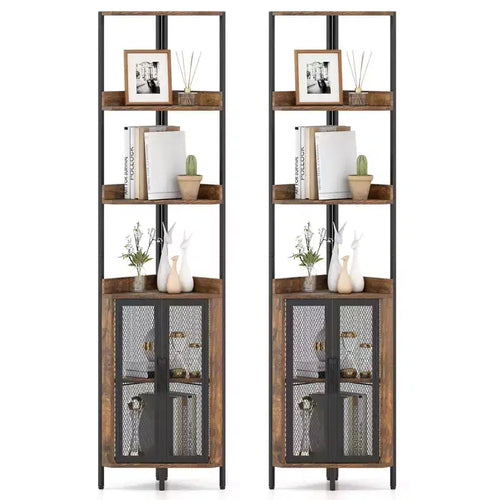 Gymax 2PCS 6-Tier Corner Shelf 67 Tall Corner Bookshelf w/Cabinet & Adjustable Shelf