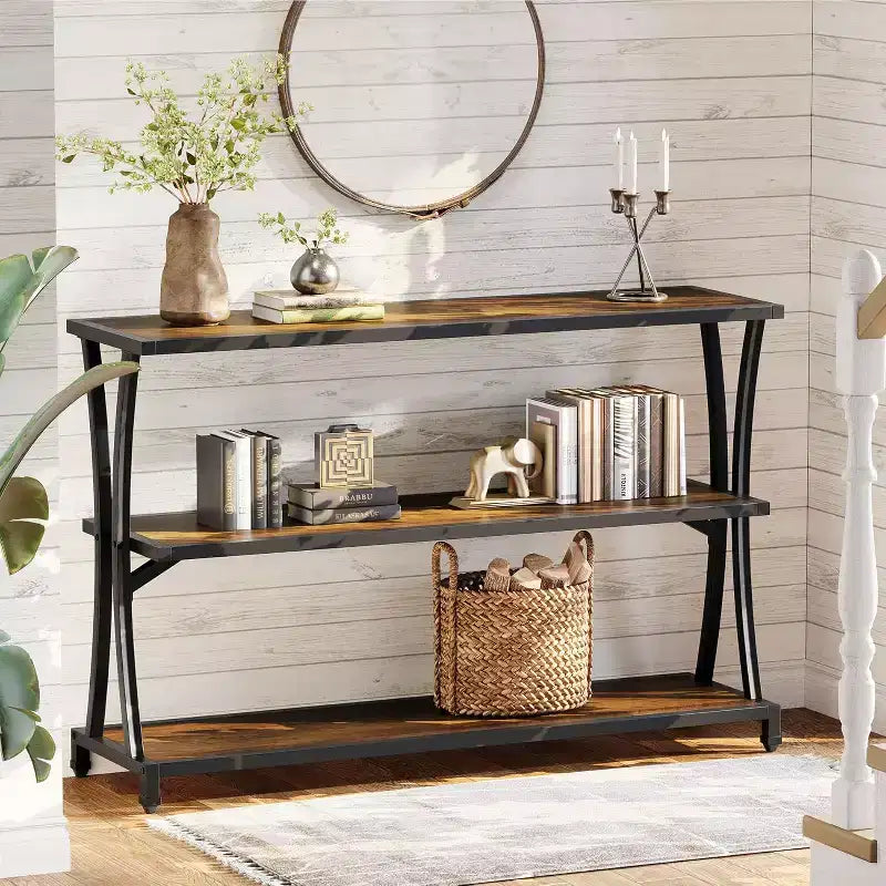 Console industrielle à 3 niveaux, table de canapé étroite rustique avec étagères de rangement pour salon, couloir, hall d'entrée