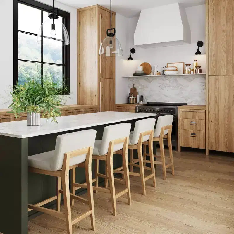 Tabouret de bar hauteur comptoir Gracie : Bois massif, revêtement en lin, capacité de 136 kg