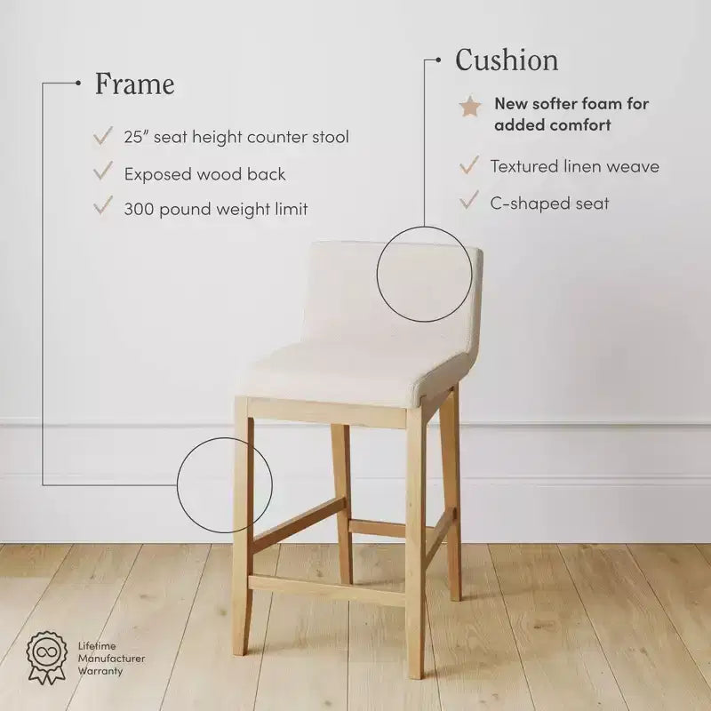 Tabouret de bar hauteur comptoir Gracie : Bois massif, revêtement en lin, capacité de 136 kg
