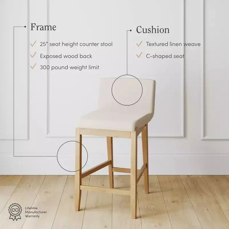 Tabouret de bar hauteur comptoir Gracie : Bois massif, revêtement en lin, capacité de 136 kg