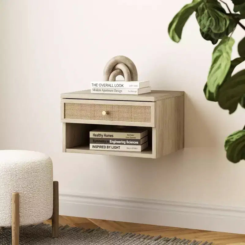 Jackson Table d'appoint flottante en rotin et bois Chêne clair