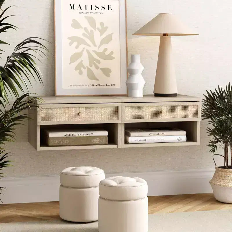 Jackson Table d'appoint flottante en rotin et bois Chêne clair
