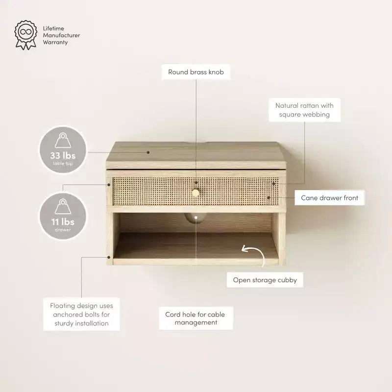 Jackson Table d'appoint flottante en rotin et bois Chêne clair