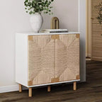 Meuble de rangement en bois et jonc de mer blanc : Surface plaquée, étagère fixe, assemblage par un adulte requis