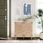 Meuble de rangement en bois et jonc de mer blanc : Surface plaquée, étagère fixe, assemblage par un adulte requis