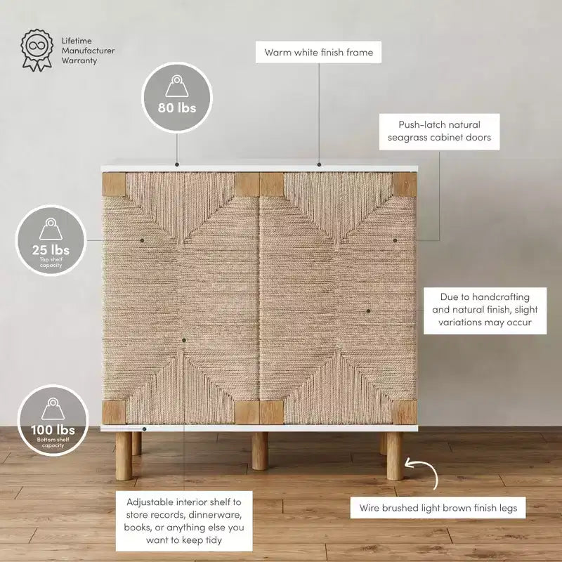 Meuble de rangement en bois et jonc de mer blanc : Surface plaquée, étagère fixe, assemblage par un adulte requis