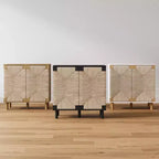 Meuble de rangement en bois et jonc de mer blanc : Surface plaquée, étagère fixe, assemblage par un adulte requis