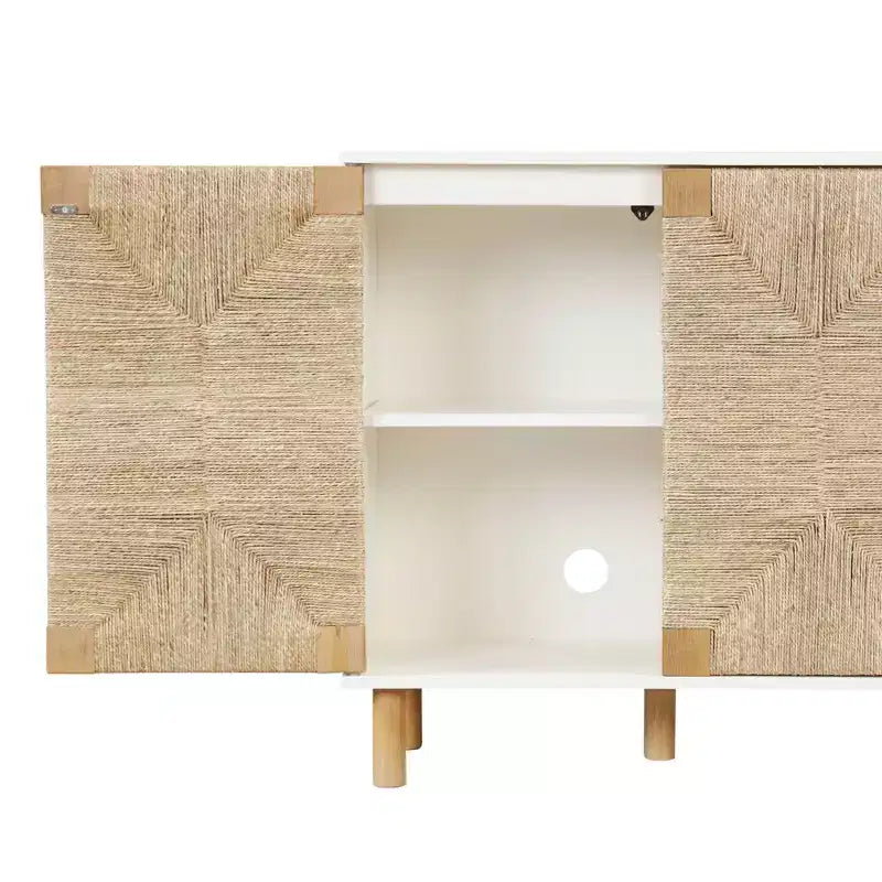 Meuble de rangement en bois et jonc de mer blanc : Surface plaquée, étagère fixe, assemblage par un adulte requis