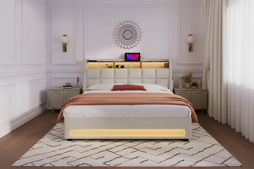 Full/Queen Size Upholstered Platform bed with Hydraulic Storage System, LED and USB Charging - ModernLuxe