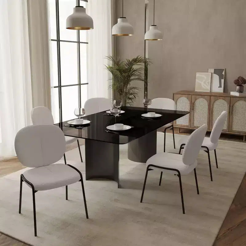 Chaise de salle à manger moderne en bouclé de coton rembourré avec cadre en fer noir