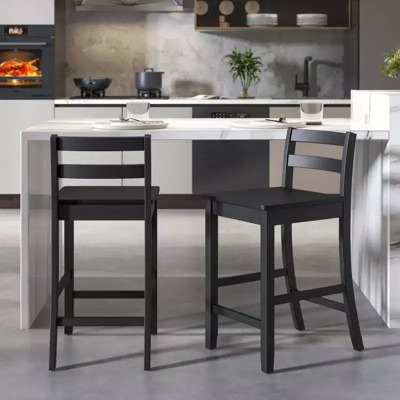 Tabourets de bar en bois de 24 pouces, lot de 2, avec dossier ergonomique, hauteur de comptoir, noir/blanc