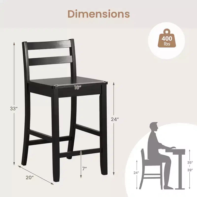 Tabourets de bar en bois de 24 pouces, lot de 2, avec dossier ergonomique, hauteur de comptoir, noir/blanc