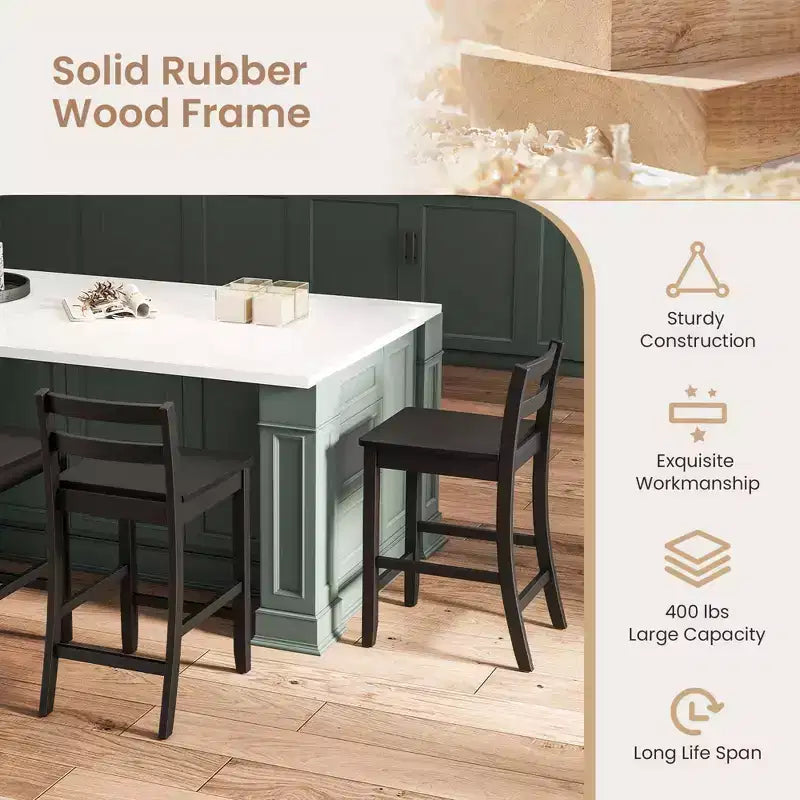 Tabourets de bar en bois de 24 pouces, lot de 2, avec dossier ergonomique, hauteur de comptoir, noir/blanc