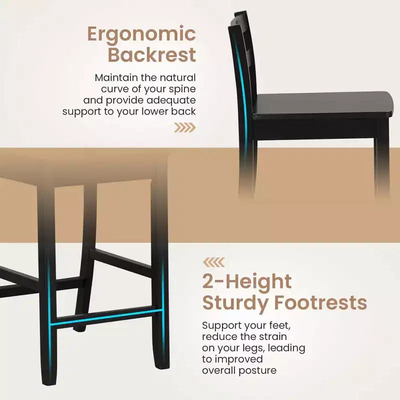 Tabourets de bar en bois de 24 pouces, lot de 2, avec dossier ergonomique, hauteur de comptoir, noir/blanc