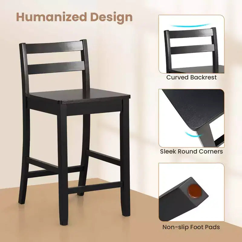 Tabourets de bar en bois de 24 pouces, lot de 2, avec dossier ergonomique, hauteur de comptoir, noir/blanc