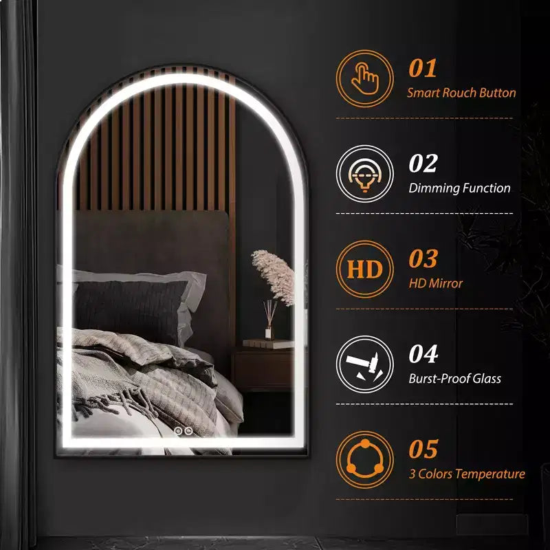 Miroir de salle de bain arqué avec éclairage LED et fonction anti-buée