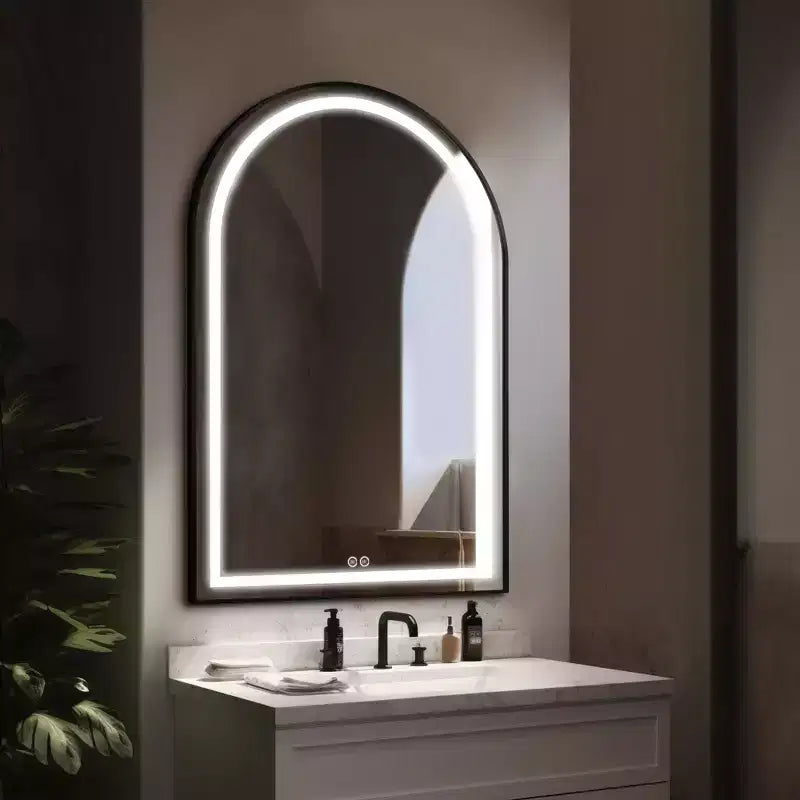 Miroir de salle de bain arqué avec éclairage LED et fonction anti-buée