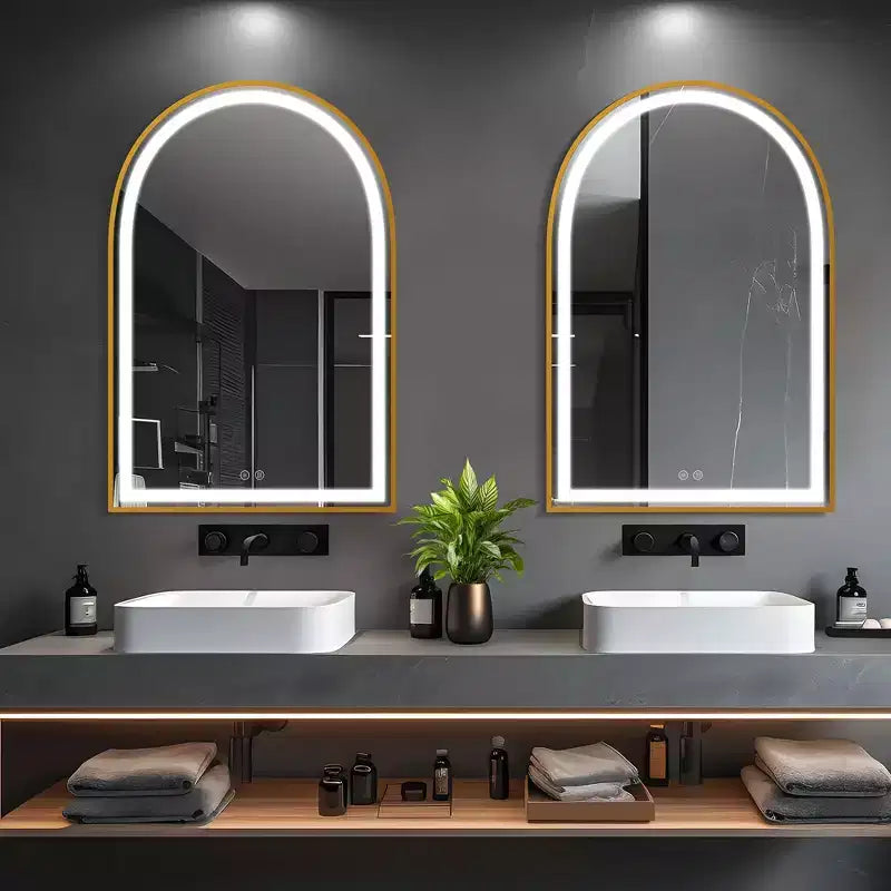 Miroir de salle de bain arqué avec éclairage LED et fonction anti-buée