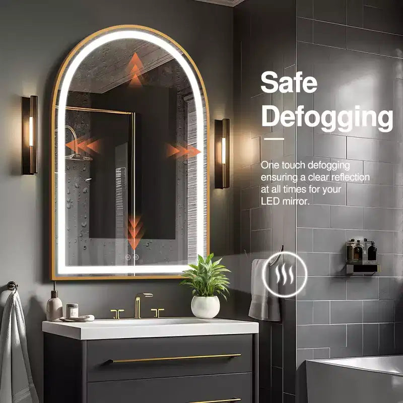 Miroir de salle de bain arqué avec éclairage LED et fonction anti-buée