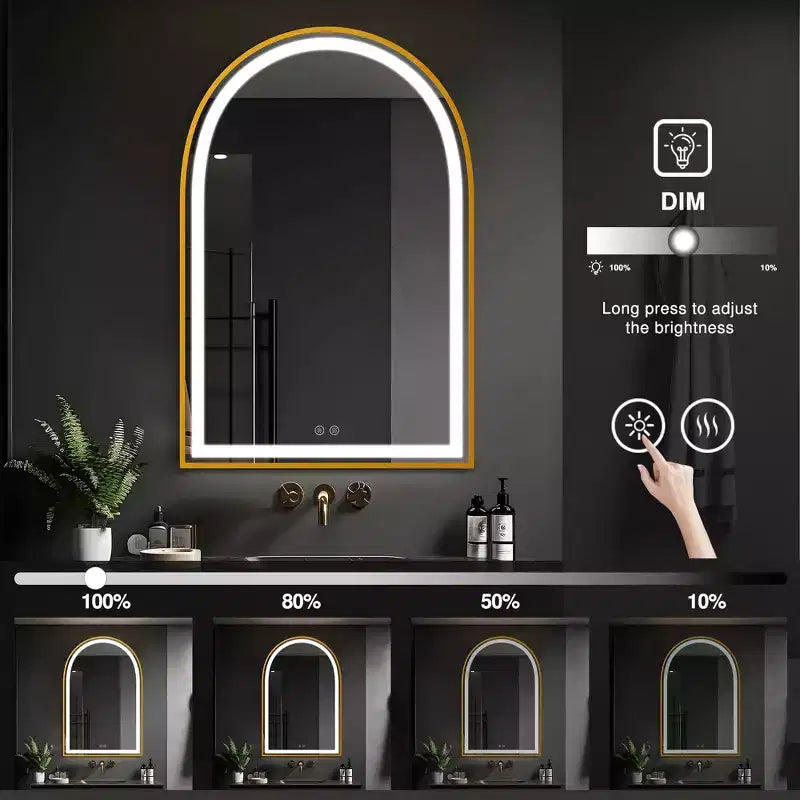 Miroir de salle de bain arqué avec éclairage LED et fonction anti-buée