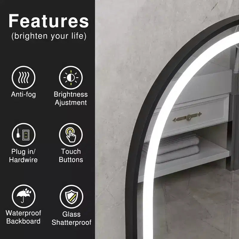 Miroir de salle de bain arqué avec éclairage LED et fonction anti-buée