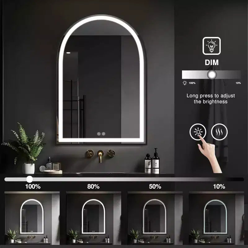 Miroir de salle de bain arqué avec éclairage LED et fonction anti-buée