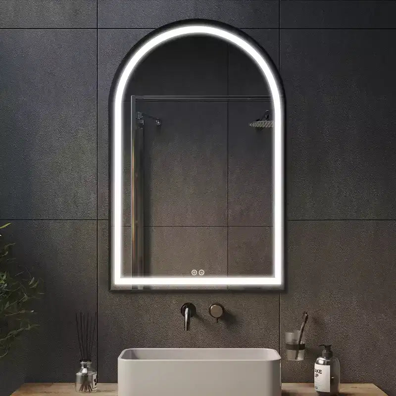 Miroir de salle de bain arqué avec éclairage LED et fonction anti-buée