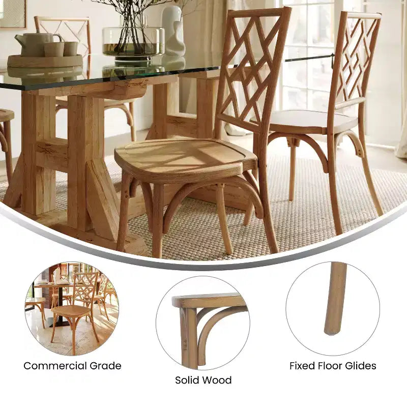 Chaises de salle à manger empilables de qualité commerciale en bois massif Brooklyn avec dossier orné - Lot de 2