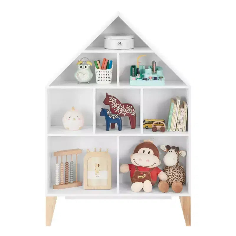 Bibliothèque autoportante blanche en forme de maison de poupée à 8 compartiments pour livres d'enfants ou figurines, avec pieds en hêtre