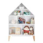 Bibliothèque autoportante blanche en forme de maison de poupée à 8 compartiments pour livres d'enfants ou figurines, avec pieds en hêtre