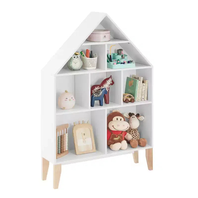 Bibliothèque autoportante blanche en forme de maison de poupée à 8 compartiments pour livres d'enfants ou figurines, avec pieds en hêtre