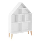 Bibliothèque autoportante blanche en forme de maison de poupée à 8 compartiments pour livres d'enfants ou figurines, avec pieds en hêtre