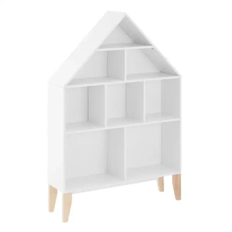 Bibliothèque autoportante blanche en forme de maison de poupée à 8 compartiments pour livres d'enfants ou figurines, avec pieds en hêtre