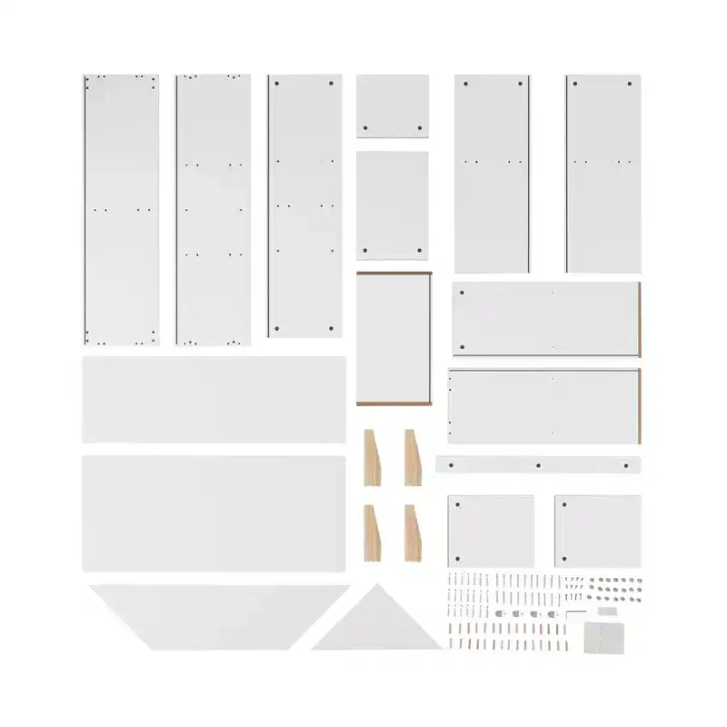 Bibliothèque autoportante blanche en forme de maison de poupée à 8 compartiments pour livres d'enfants ou figurines, avec pieds en hêtre