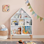 Bibliothèque autoportante blanche en forme de maison de poupée à 8 compartiments pour livres d'enfants ou figurines, avec pieds en hêtre
