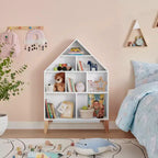 Bibliothèque autoportante blanche en forme de maison de poupée à 8 compartiments pour livres d'enfants ou figurines, avec pieds en hêtre