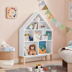 Bibliothèque autoportante blanche en forme de maison de poupée à 8 compartiments pour livres d'enfants ou figurines, avec pieds en hêtre