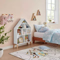 Bibliothèque autoportante blanche en forme de maison de poupée à 8 compartiments pour livres d'enfants ou figurines, avec pieds en hêtre