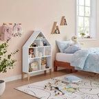 Bibliothèque autoportante blanche en forme de maison de poupée à 8 compartiments pour livres d'enfants ou figurines, avec pieds en hêtre
