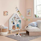 Bibliothèque autoportante blanche en forme de maison de poupée à 8 compartiments pour livres d'enfants ou figurines, avec pieds en hêtre