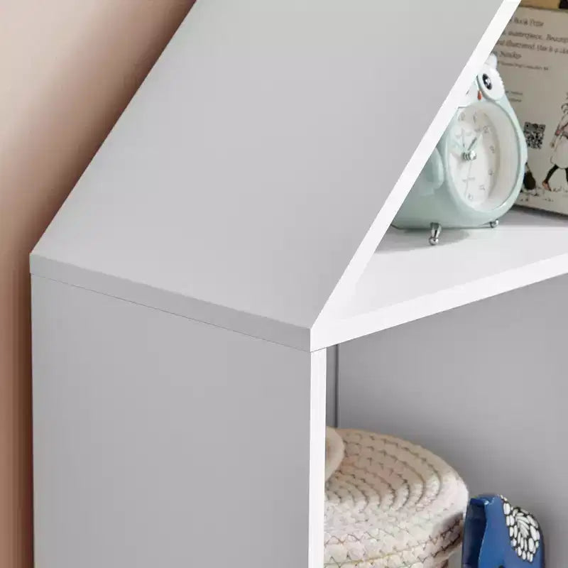 Bibliothèque autoportante blanche en forme de maison de poupée à 8 compartiments pour livres d'enfants ou figurines, avec pieds en hêtre